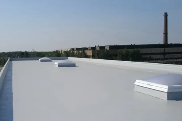 Lichtgrijze kunststof dakbedekking — Een lichtgrijs dakvlak met verhoogde lichtkoepels en aansluitende dakranden.