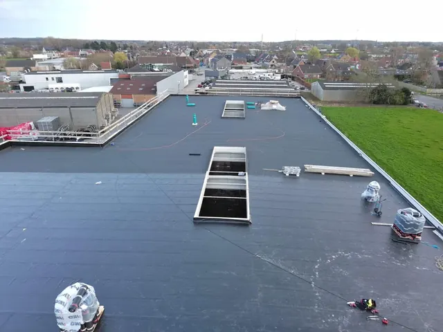 Groot plat dak met doorvoeren — Overzicht van een groot dakvlak met lichtopeningen, doorvoeren en dakranden.
